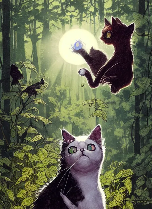 Prompt: a hyper realistic ink cat and the meaning of life and sunbeams blue sky, lush forest comic painting by chiara bautista and norman rockwell and greg rutkowski weta studio, and lucasfilm