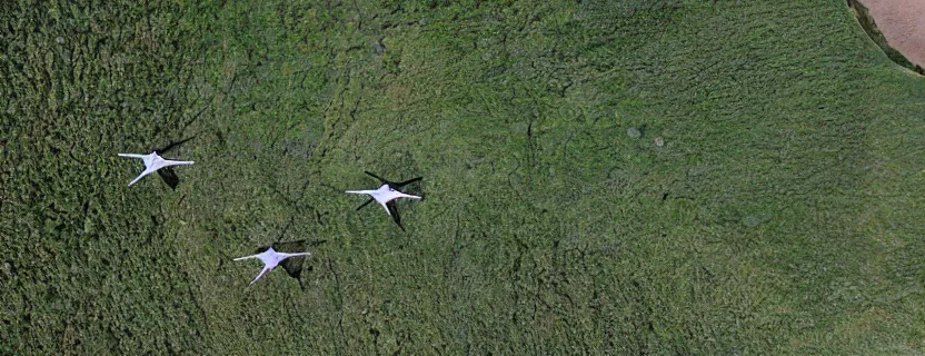 Prompt: djerassi artist residence program, stampede of 10 t-rexs, drone photograph