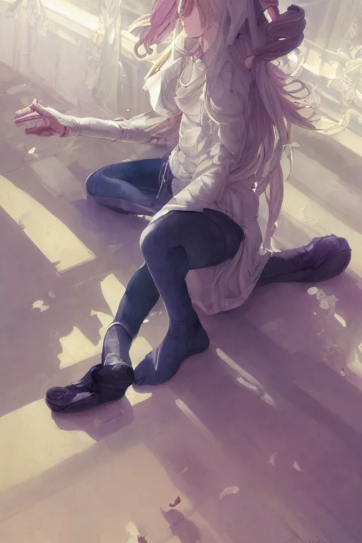 Prompt: a white haired girl with a guitar on her back sitting on the floor taking off her socks, 4 5 angel by krenz cushart and mucha and akihito yoshida and greg rutkowski, 4 k resolution