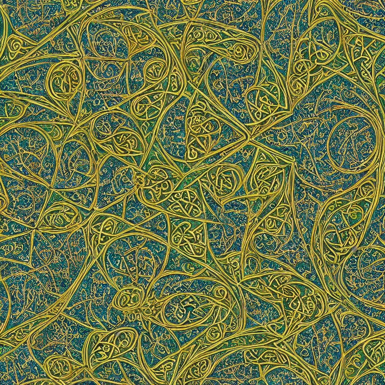 Image similar to medieval celtic arabic ornament with mystic birds and flowers, highly detailed, photorealistic, octan render, 3 d, green and gold, fractal, mandelbrot,