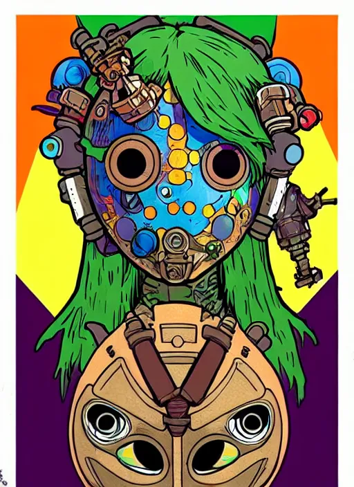 Image similar to biopunk majoras mask link from zelda!! portrait illustration, pop art, splash painting, art by geof darrow, ashley wood, alphonse mucha, makoto shinkai