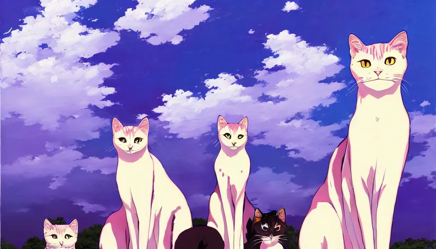 Image similar to highly detailed contemporary acrylic painting of really tall sitting cats by makoto shinkai, thick brush strokes and visible paint layers, glistening clouds in background, purpleb blue black, white and pink color scheme