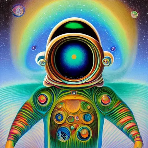 Image similar to psychedelic astronaut attaining enlightenment in the style of octavio ocampo naoto hattori, cg society, trending on artstation, award winning