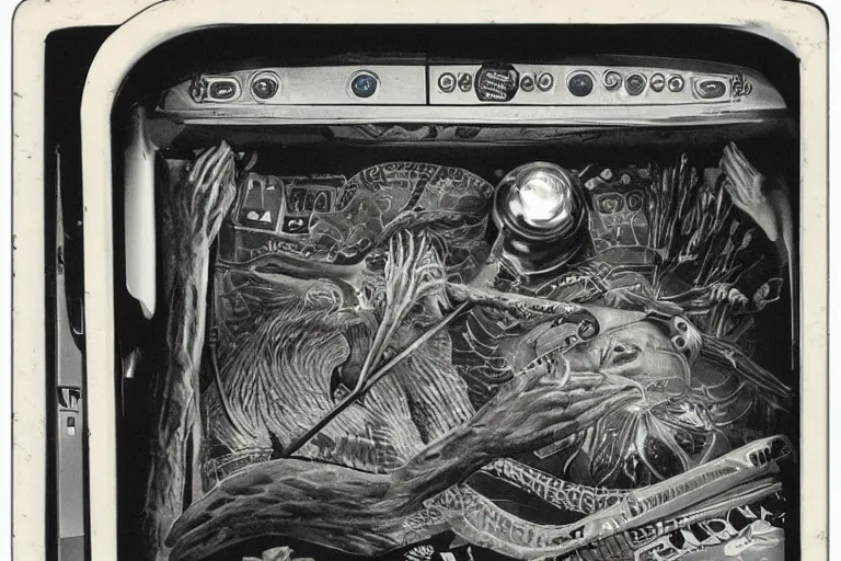 Image similar to vintage pinball machine, creature from the black lagoon, polaroid photo