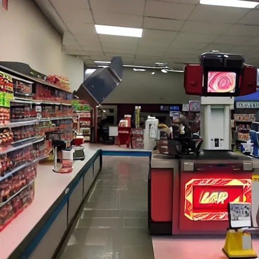 Image similar to Accidents, lasers, Iron Man working as a 7/11 cashier using a red laser scanner, cash register, red laser scanner, wide wide shot, very detailed, beautiful lighting, red laser, fire, smoke