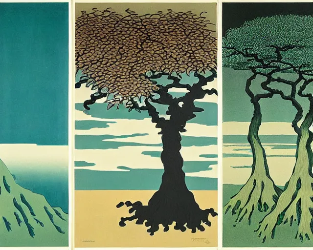 Image similar to deforestation by Magritte, Hokusai, and Rothko