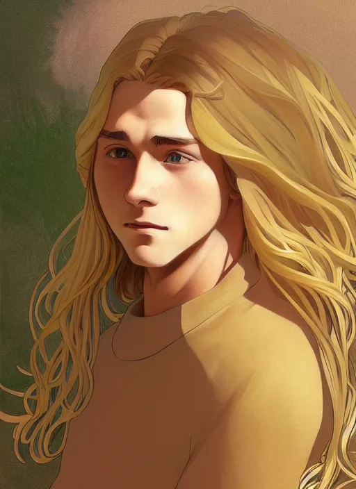 Image similar to pretty young man with shoulder length shiny shimmering golden blond hair, head down, shy, path traced, highly detailed, high quality, digital painting, by studio ghibli and alphonse mucha, leesha hannigan, disney