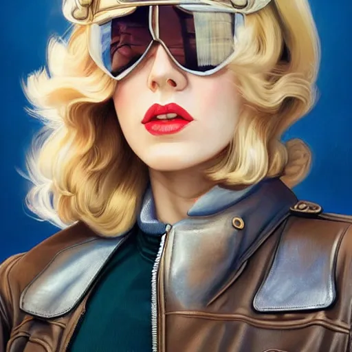 Prompt: portrait of a sexy 1940s blond female aviator, wearing a leather flight jacket, upper body, D&D, fantasy, intricate, elegant, highly detailed, digital painting, artstation, concept art, smooth, sharp focus, illustration, art by artgerm and greg rutkowski and alphonse mucha, with a blue background