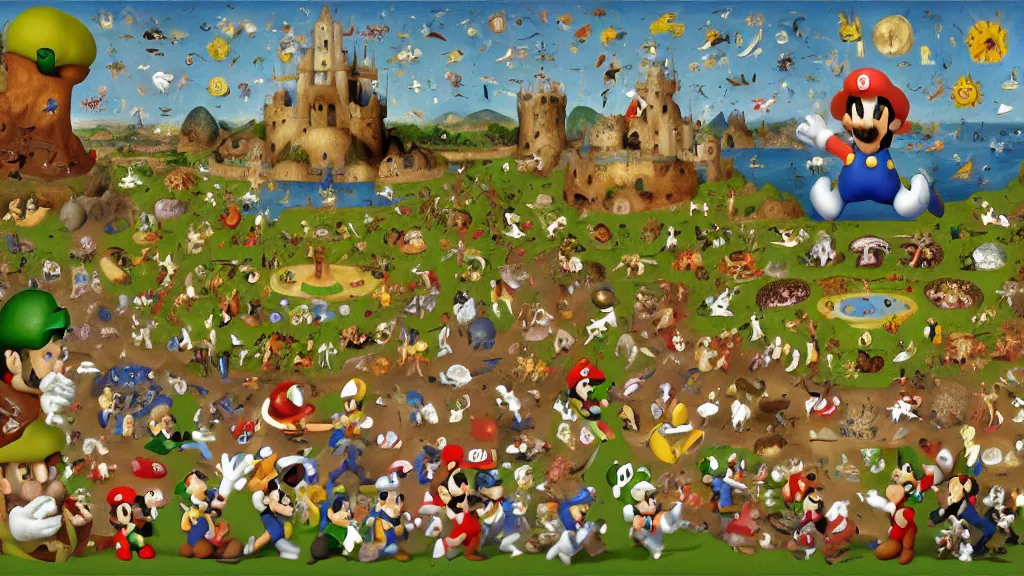 Image similar to garden of earthly delights. super mario. luigi. goomba. power up. digital painting. digital render. hieronymus bosch