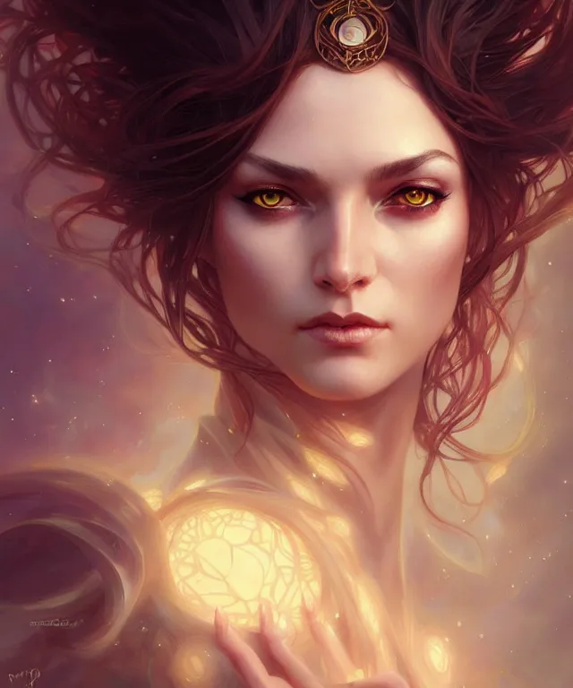 Image similar to fantasy magic woman portrait, sci-fi, amber eyes, face, long hair, fantasy, intricate, elegant, highly detailed, digital painting, artstation, concept art, smooth, sharp focus, illustration, art by artgerm and greg rutkowski and alphonse mucha