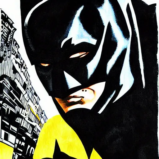 Prompt: Painting of a batman dark knight by Christopher Nolan risograph