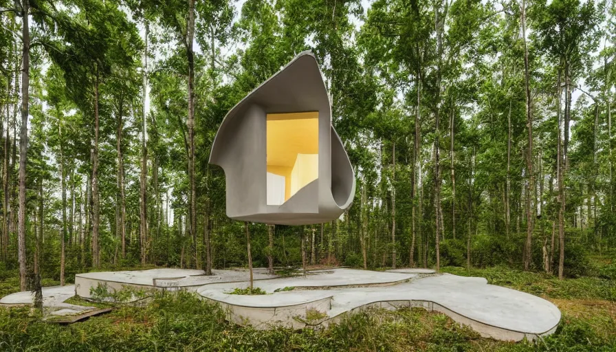 Prompt: A wide image of an eco-community of innovative contemporary 3D printed prefab sea ranch style cabin with rounded corners and angles, beveled edges, made of cement and concrete, organic architecture, in a lush green forest Designed by Gucci, Balenciaga, and Wes Anderson, golden hour