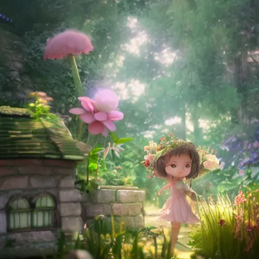 Image similar to a tiny cute fairy in a flower house, realistic beautiful face, large eyes, cute, adorable, volumetric light, octane render, studio ghibli, trending on artstation