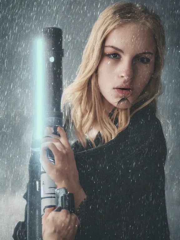 Image similar to cute model annie leonhart holding a lightsaber, beautiful face, detailed face, realistic eyes, cinematic lighting, rainy weather, melancholy atmosphere, volumetric light, realistic reflections, model agency, instagram photo, shot on sony a 7 iii, beauty filter, postprocessing