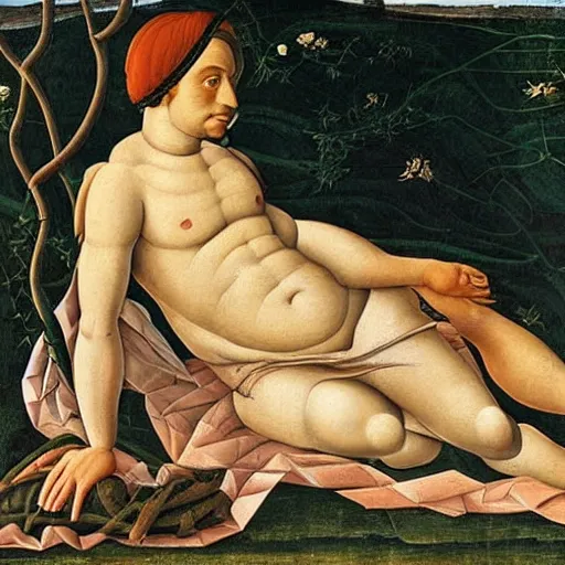 Image similar to portrait of benjamin netanyahu lying elegantly in nature, leaves as clothes, by sandro botticelli