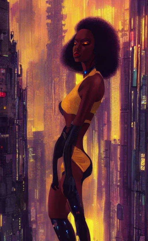 Image similar to a beautiful young Black woman, cyberpunk, Blade Runner city background, highly detailed, artstation, illustration, art by Gustav Klimt, 8K