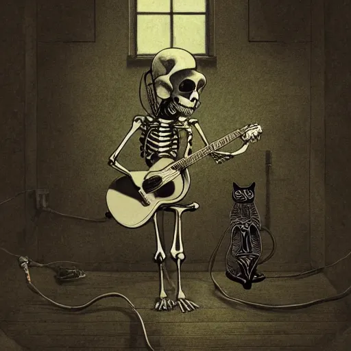 Image similar to skeleton wearing headphones, watching girl playing guitar while her black cat standing next to her, detailed intricate ink illustration, dark atmosphere, detailed illustration, hd, 4k, digital art, overdetailed art, by greg rutkowski, by loish, complementing colors, Trending on artstation