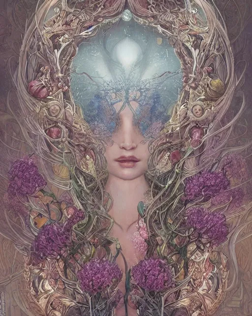 Image similar to centered beautiful detailed front view portrait of a woman with ornate growing around, ornamentation, flowers, elegant, beautifully soft lit, full frame, by wayne barlowe, peter mohrbacher, kelly mckernan,