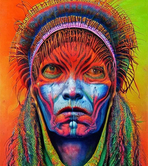 Image similar to Portrait painting in a style of Beksinski mixed with Alex Grey of an old shaman dressed in a colorful traditional clothes. psychodelic