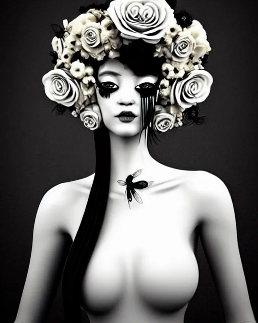 Prompt: dreamy surreal poetic black and white 3D render of a beautiful young porcelain female-creature-cyborg-vegetal with a very long neck and a super big gothic lace collar filled with dead flies and a very high big floral crown with many black dry roses:: smoke, high fashion, haute couture, rococo, avant-garde, elegant, dreamy, hyper realistic, 150 mm lens, soft rim light, octane render, unreal engine, volumetric lighting, dramatic light,8k,