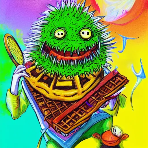 Image similar to a tennis ball monsters eating waffles, colorful, digital art, fantasy, magic, chalk, trending on artstation, ultra detailed, professional illustration by basil gogos