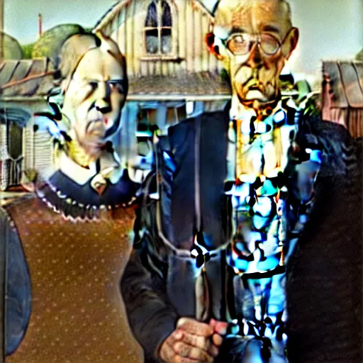 Prompt: American Gothic but with Astronauts, by Grant Wood