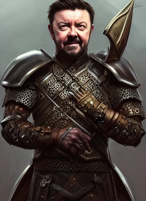 Prompt: portrait of ricky gervais, d & d, muscular!! armour, intricate, elegant, highly detailed, digital painting, artstation, concept art, smooth, sharp focus, illustration, art by artgerm and greg rutkowski and alphonse mucha