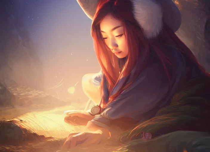 Prompt: full portrait of asian mage traveller resting at her tent. intricate, elegant, highly detailed, digital painting, artstation, concept art, smooth, sharp focus, illustration, by artgerm, 8 k