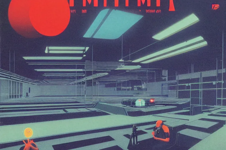 Prompt: a 1979 cover of OMNI magazine depicting an empty warehouse with VR headsets hanging ominously from the ceiling. Neo-Tokyo. Cyberpunk style art by Vincent Di Fate.