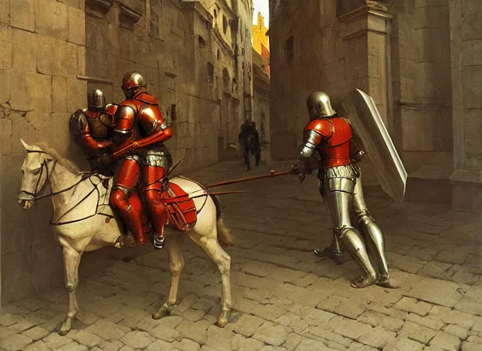 Image similar to а swat captures knight in armor, rome, highly detailed, soft lighting, elegant, works by edward hopper and james gillard, zdislaw beksinski, stephen outram, andreas m wiese, highly detailed