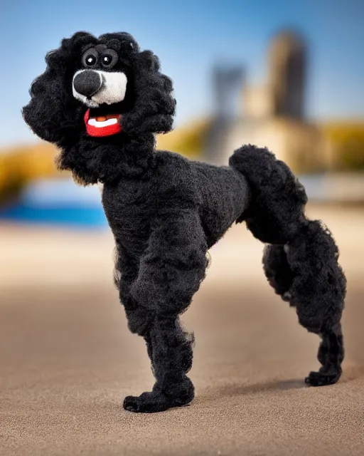 Image similar to a black poodle dog as a muppet playing fetch. highly detailed felt. hyper real photo. 4 k.