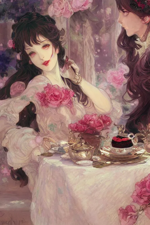 Prompt: a beautiful painting of afternoon tea, rose, black tea, highly detailed, shimmering and prismatic, rococo, by krenz cushart and mucha and monet, trending on artstation.