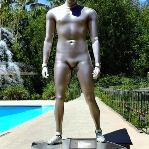 Image similar to a realistic detailed photo of a guy who is an attractive humanoid who is half robot and half humanoid, who is a male android, boxer and youtuber logan paul, shiny skin, posing like a statue, blank stare, by the pool, on display