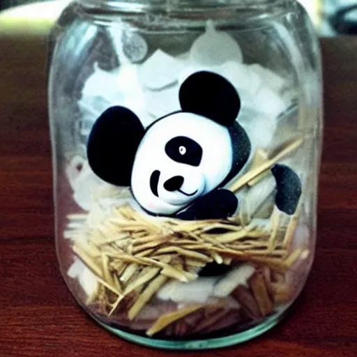 Prompt: a cute cartoon panda inside the jar