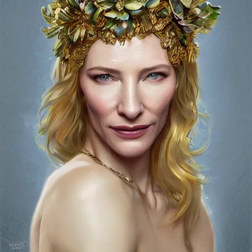 Image similar to Portrait of cate blanchett wearing a floral crown, olive skin, long dark hair, beautiful bone structure, shiny gold background, intricate, elegant, highly detailed, digital painting, artstation, concept art, smooth, sharp focus, illustration, art by artgerm and greg rutkowski and alphonse mucha