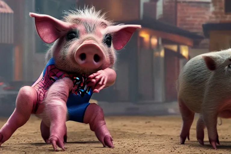 Image similar to full body live action pig wearing spandex spider-man costume, ultra realistic, 4K, movie still, UHD, sharp, cinematic