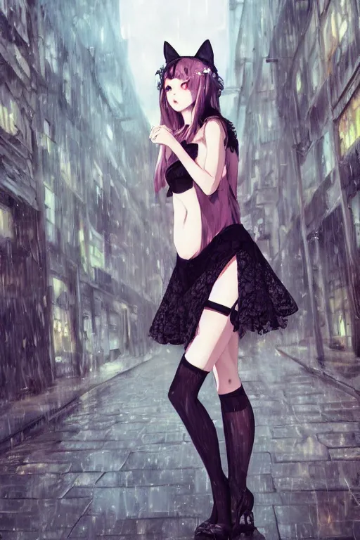 Prompt: woman with cat ears wearing a black lace dress and thigh highs walking in a depressing soviet city, expressive oil painting, digital anime art, highly detailed, character art, beautiful face, by yoshitaka amano, by artgerm, by conrad roset, volumetrics, octane render, rainy street