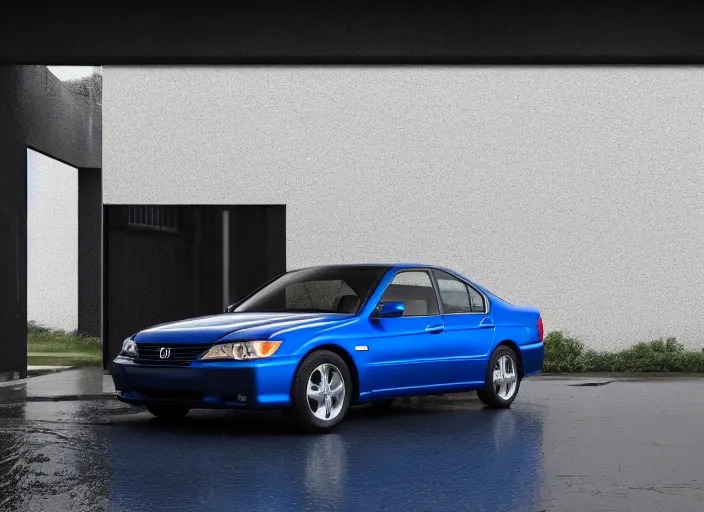 Prompt: blue 2 0 0 3 honda accord parked near a grey brick garage at sunrise, oil! puddle! under car, concept art, octane render, unreal engine 5, trending on artstation, high quality, 8 k, soft lighting, path traced, hyperrealistic, highly detailed, digital art, symmetrical, cinematic, high coherence, godrays