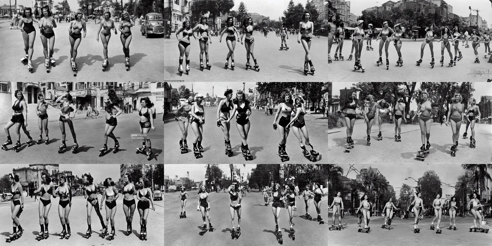 Prompt: 1 9 4 4 bikini models rollerblading on the streets photograph