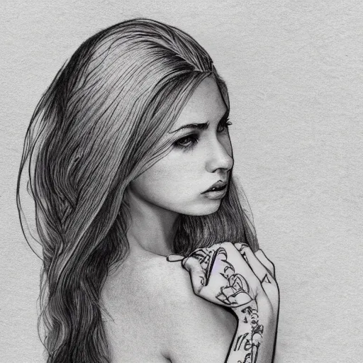 Image similar to tattoo design sketch of a beautiful girl standing against a faded background of beautiful mountain scenery, hyper realistic drawing