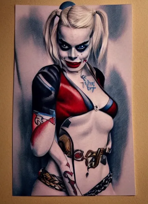 Image similar to tattoo design of margot robbie as harley quinn with a little smile, holding ace card, in the style of den yakovlev, realistic face, beautiful face, black and white, realism tattoo, hyper realistic, highly detailed