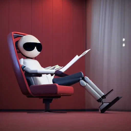 Image similar to futuristic studious matte brown and red full-body humanoid robot with two huge round expressive sad purple glowing LED eyes and open rectangular mouth sitting on a large comfortable cushioned 1950s vintage recliner reading a newspaper. open newspaper. Cinematic Movie Photograph, Arri Alexa, Extremely Detailed, smooth, very very clean, 8K, octane render, maya render, unreal engine, trending on artstation, DSLR, excellent composition, center frame