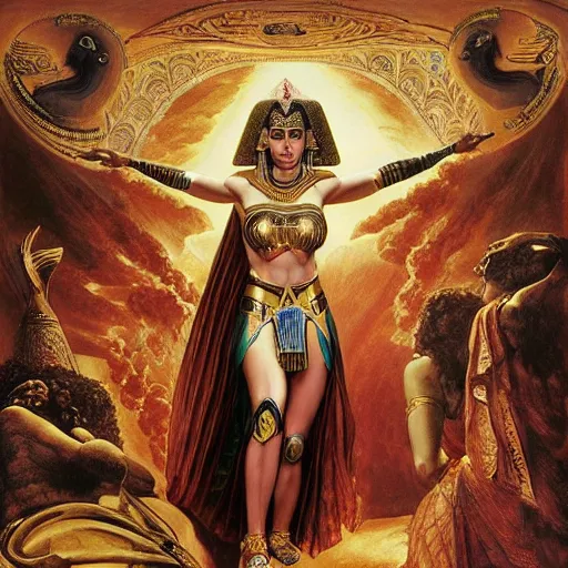 Image similar to Full body oil painting of the beautiful goddess Gal Gadot as Cleopatra, she is wearing egyptian clothes and a surreal ornate, her hair is natural disheveled, she is approaching heaven over the clouds, Anubis is behind her, naturalism, dramatic lighting, high-detailed oil painting by Ilya Repin, Michelangelo da Caravaggio, William Blake, Alex Grey and Beksinski, trending on Artsation, hystorical painting, naturalism, masterpiece, 4k, 8k,