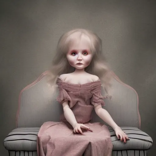 Prompt: porcelain doll sitting on a couch with a spirit trapped inside stares intently into the camera, endless gaze, nightmare digital art, artstation, ultra detailed, beautiful aesthetic art