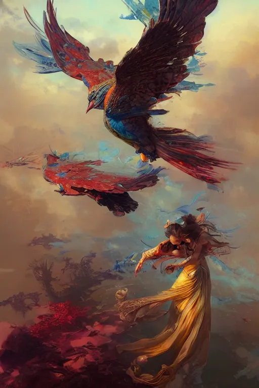 Prompt: godess of birds surounded by firebirds in intricate detailed color smashing fluid oilpaint, 3 d render, hyper realistic detailed, color leaves, ruan jia, wlop. scifi, fantasy, hyper detailed, octane render, concept art, intense colors by peter mohrbacher, by wlop, by ruan jia, by alphonse mucha