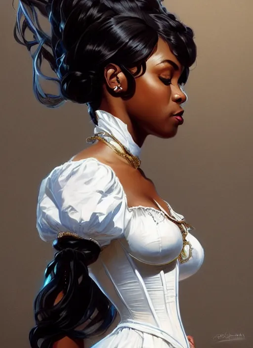 Image similar to cute black woman wearing a white corset dress, fantasy, intricate, highly detailed, digital painting, artstation, concept art, wallpaper, smooth, sharp focus, illustration, art by artgerm and greg rutkowski and alphonse mucha