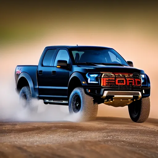 Image similar to a highly detailed photo of an armored black ford raptor in alberta at sundown, 4 k high - resolution photograph, ultra detail, hd photo