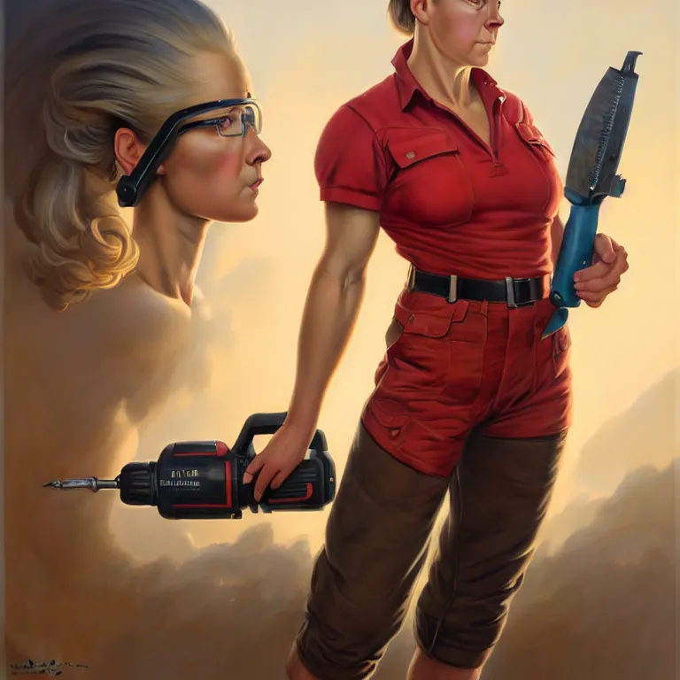 Image similar to epic portrait a slightly muscular woman wearing short sleeved uniform and carrying a red power tool drill, detailed, centered, digital painting, artstation, concept art, donato giancola, Joseph Christian Leyendecker, WLOP, Boris Vallejo, Breathtaking, 8k resolution, extremely detailed, beautiful, establishing shot, artistic, hyperrealistic, beautiful face, octane render