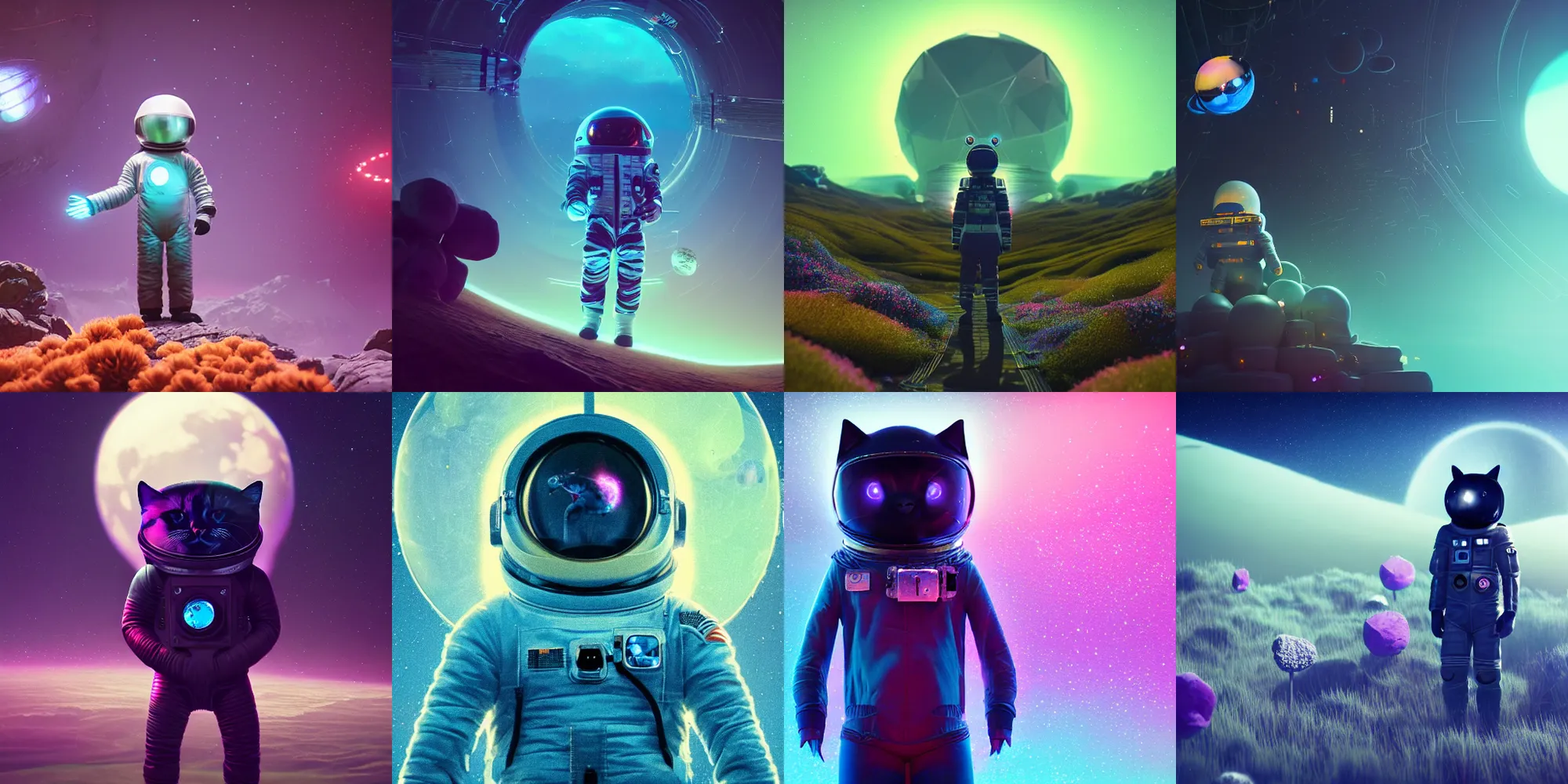 Prompt: beautiful dark landscape, black cat wearing astronaut outfit, beautiful flowers and crystals, in the style of beeple and mike winkelmann, intricate, epic lighting, cinematic composition, hyper realistic, 8 k resolution, unreal engine 5, raytracing, ultraviolet colors,