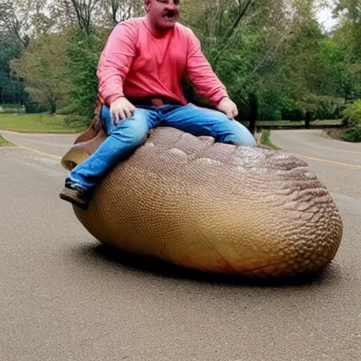 Prompt: a man riding a giant slug